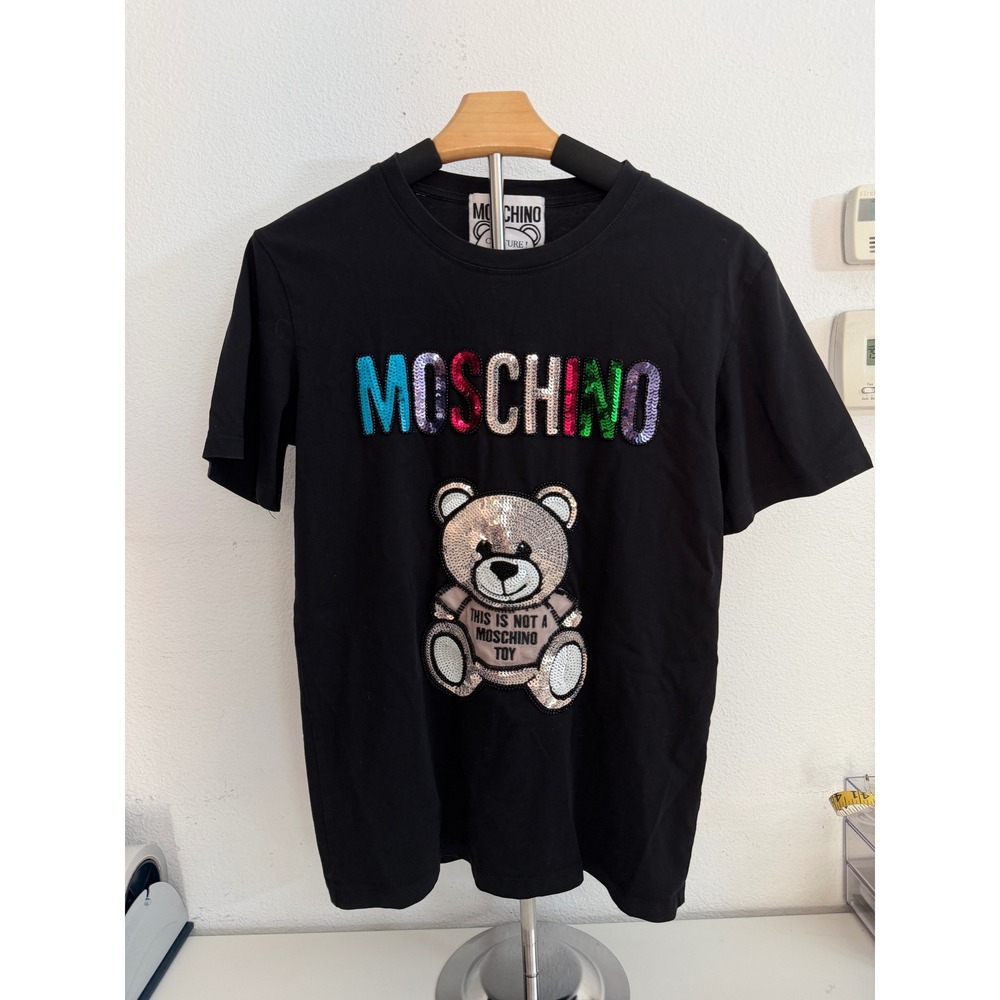 Moschino Couture Toy Bear Sequin Logo Black Cotton T-Shirt Small Milano
